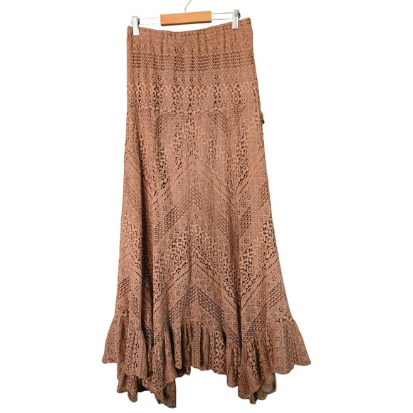 Vtg Solitaire Maxi Skirt Womens S Lace Tiered Western Cowgirl Gypsy Boho Brown - Picture 14 of 14